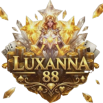 Luxanna88 online casino logo with golden female figure, star crystals, poker cards, and stacks of coins.